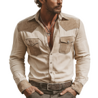 Men's Classic Western-style Cotton And Faux Suede Patchwork Long-sleeved Shirt MTA2543L0U