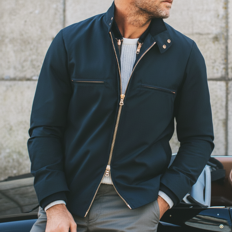 Men's Business Casual Navy Blue Snap-button Collar Zip-up Jacket MTA2675L4U