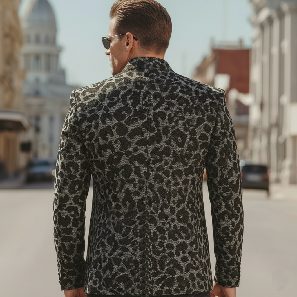 Men's Classic Vintage Tough-guy Style Denim Jacquard Leopard Print Stand-collar Jacket MTA2602L6K