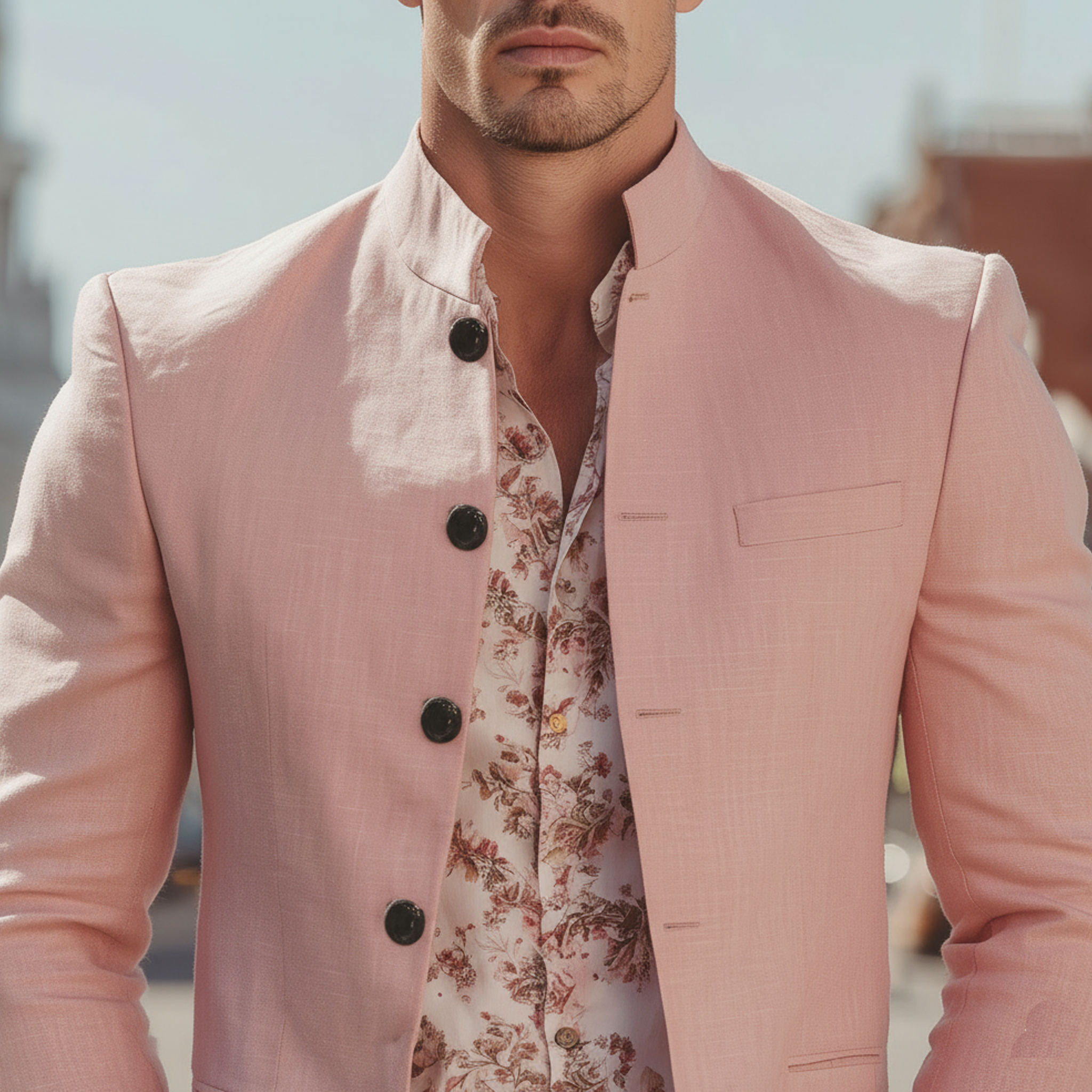 Men's Classic Casual Pink Stand-collar Cotton And Linen Jacket MTA2476L3K