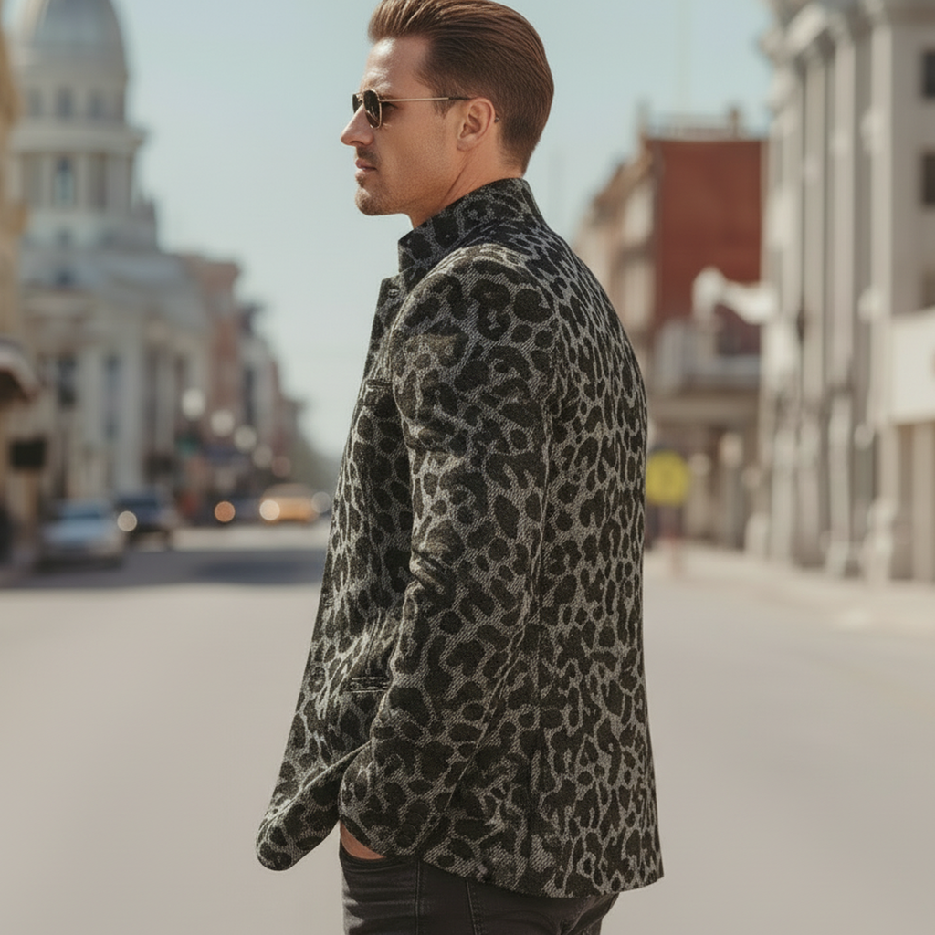 Men's Classic Vintage Tough-guy Style Denim Jacquard Leopard Print Stand-collar Jacket MTA2602L6K