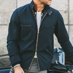 Men's Business Casual Navy Blue Snap-button Collar Zip-up Jacket MTA2675L4U