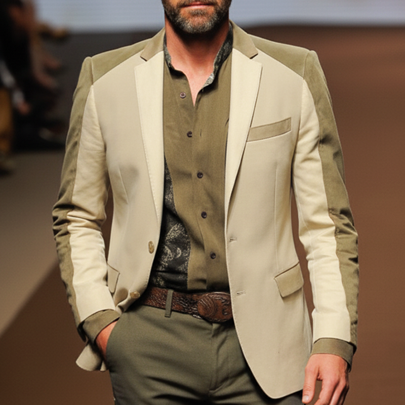 Men's Business Faux Suede Color-blocked Two-button Single-vent Slim-fit Blazer MTA2558L5U