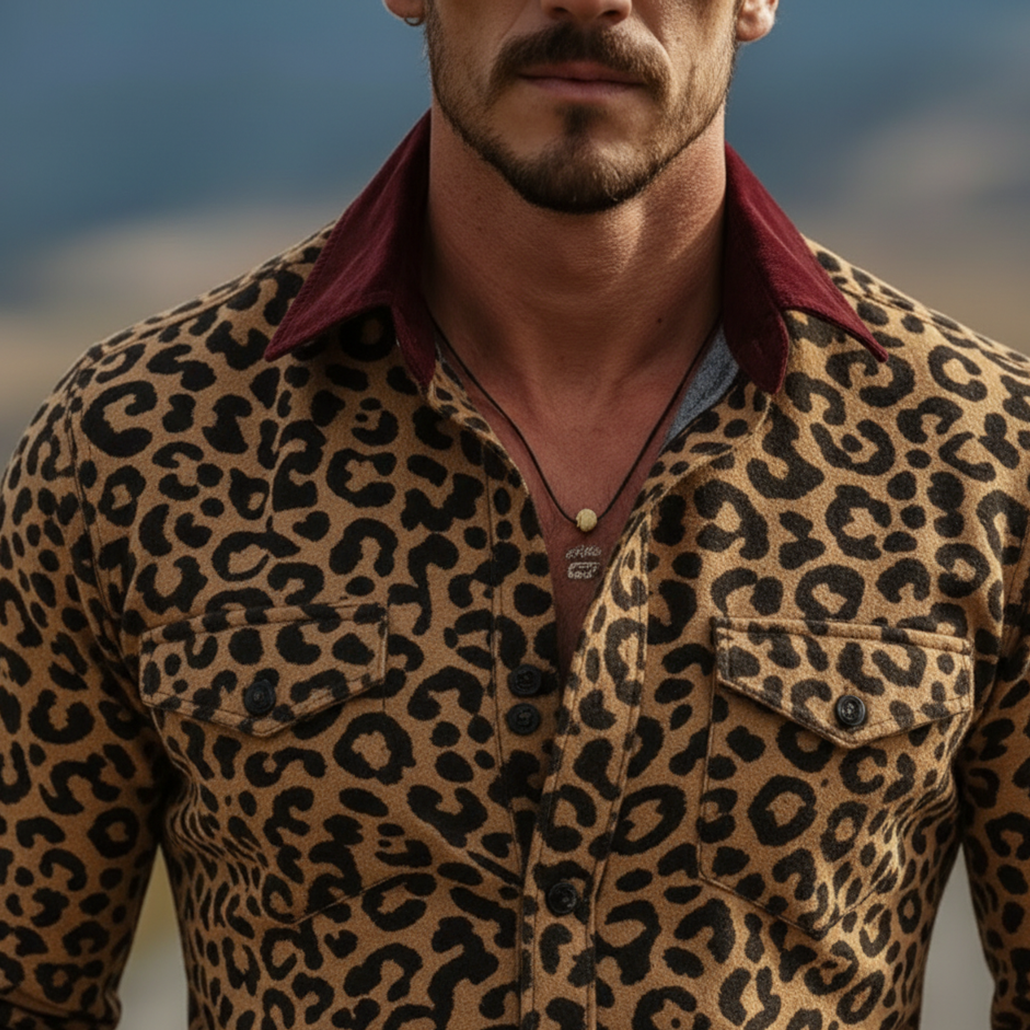 Men's Classic Vintage Corduroy Collar Slim-fit Leopard Print Suede Long-sleeved Shirt MTA2657L0K