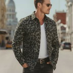 Men's Classic Vintage Tough-guy Style Denim Jacquard Leopard Print Long-sleeved Shirt MTA2667L8K