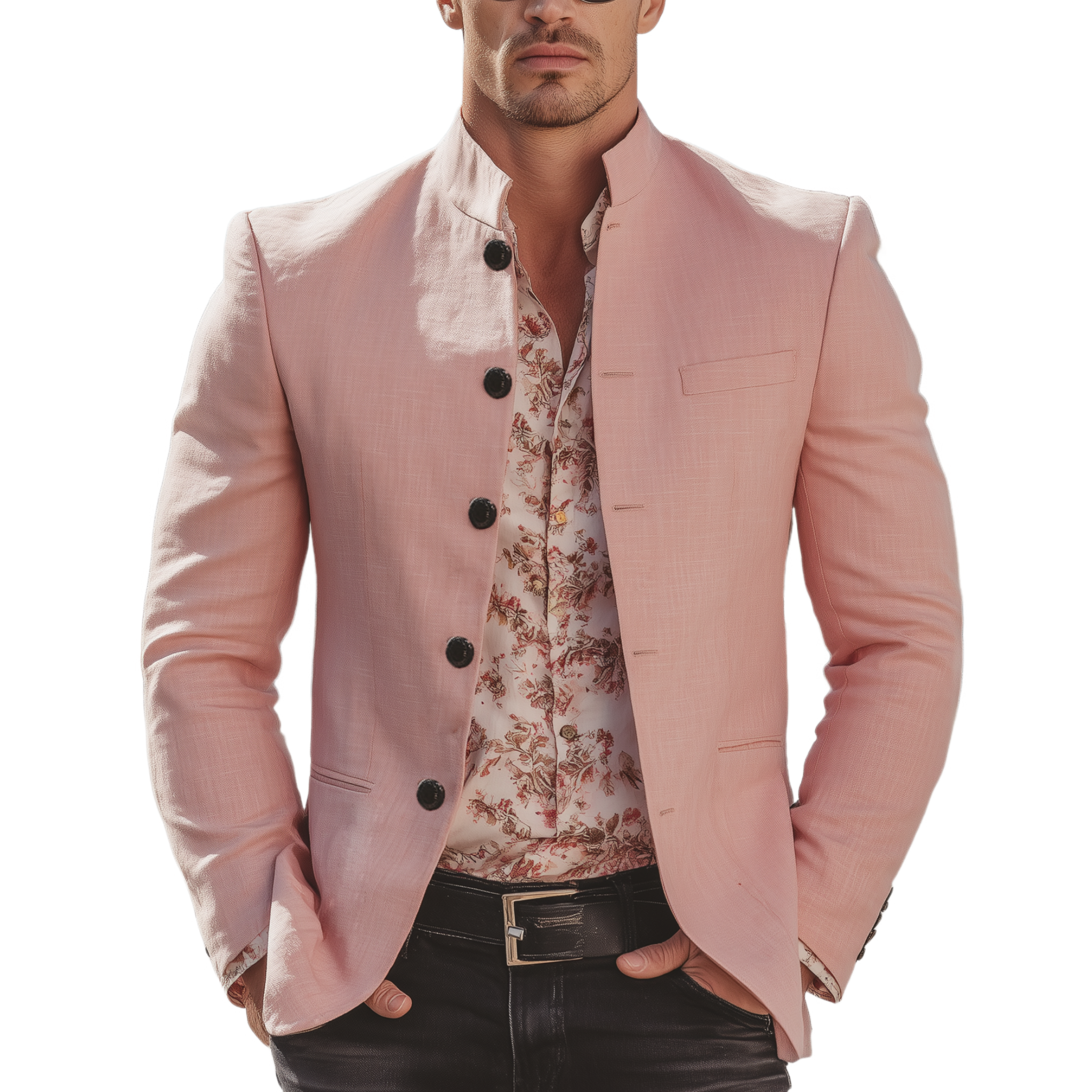 Men's Classic Casual Pink Stand-collar Cotton And Linen Jacket MTA2476L3K