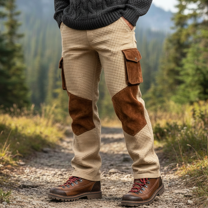 Men's Retro Waffle And Suede Color-blocked Straight-leg Trousers MTA1099K9U