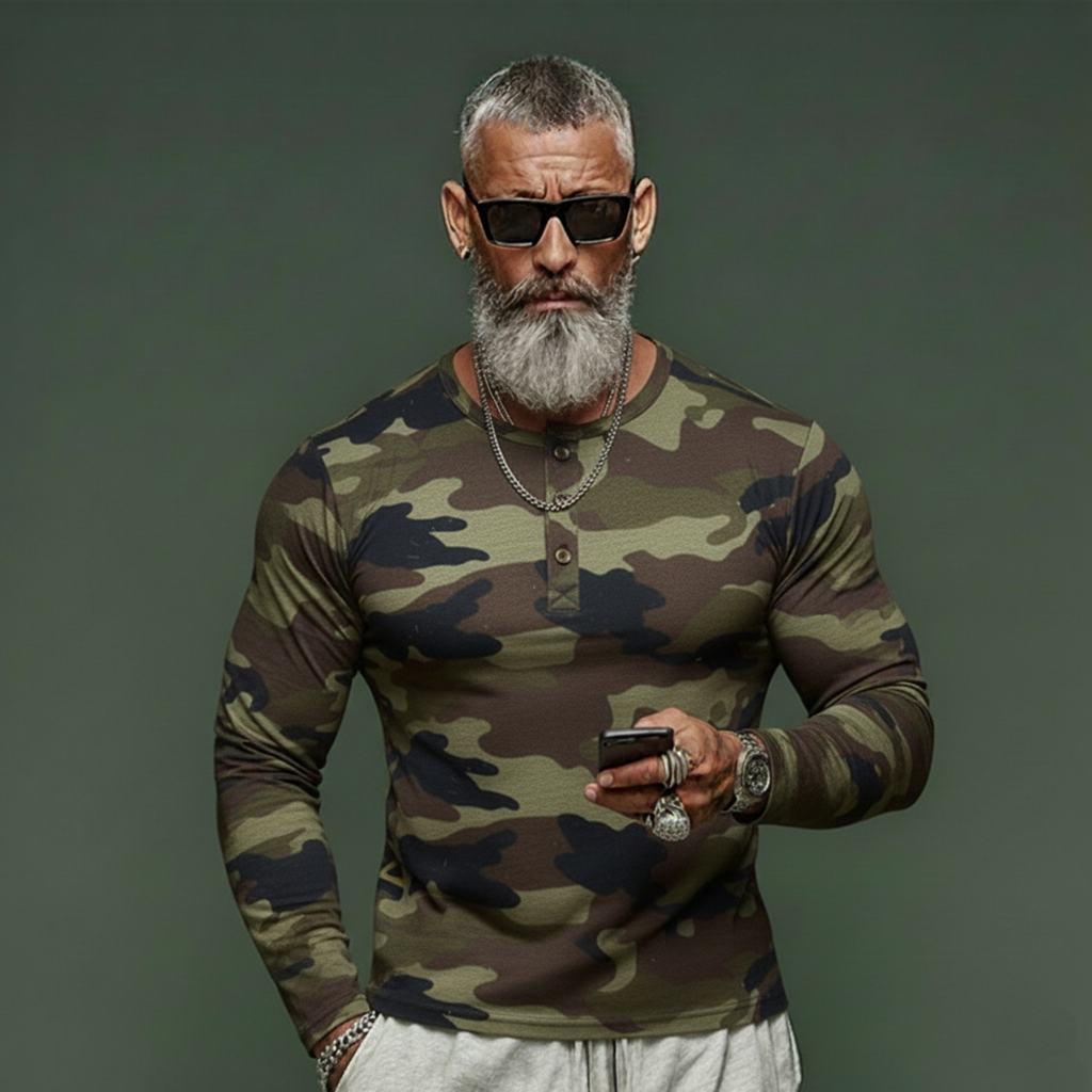 Men's Classic Casual Tough-guy Style Camouflage Cotton Blend Henley Neck Long-sleeved T-shirt MTA2636L1K